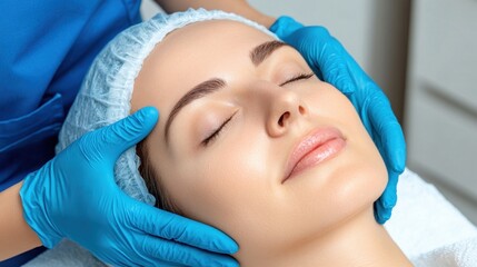 Close up view of a woman receiving a facial massage. A person wearing blue gloves gently massages her face. Soft lighting and a serene atmosphere are present.