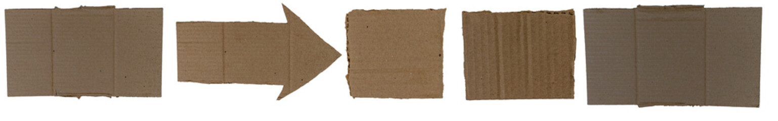 Isolated collection of torn corrugated cardboard on white background, copyspace