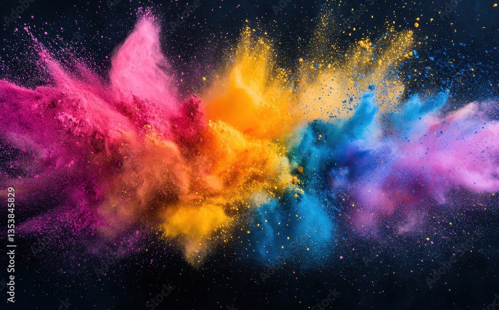Poster vibrant explosion of colorful powder in the air, creating a stunning visual display against a dark b