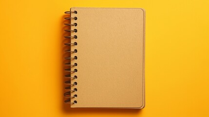 Closed recycled notebook resting on vibrant yellow background with copy space