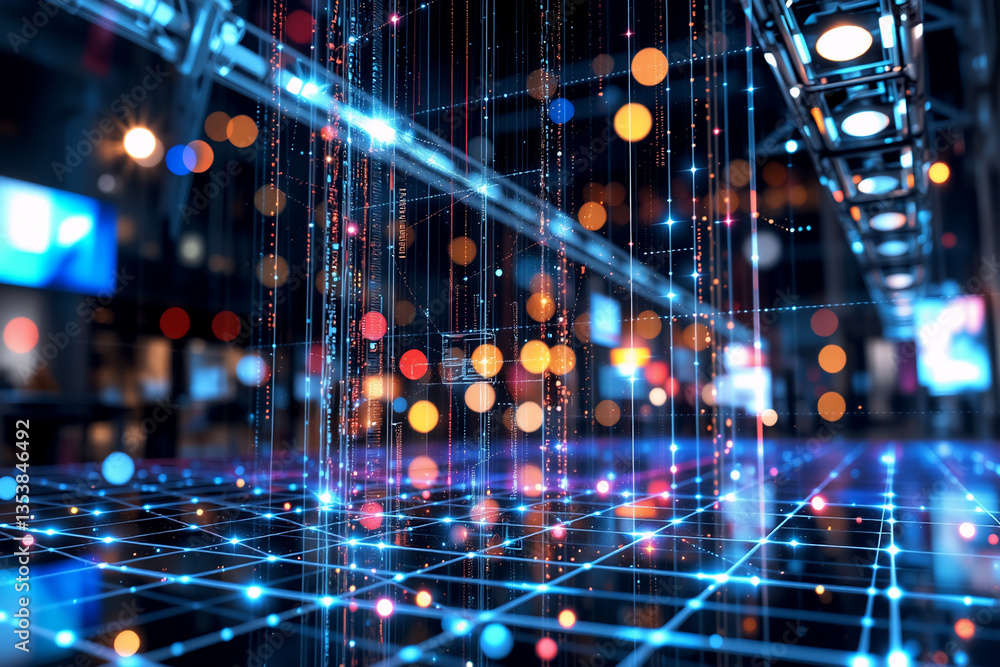 Poster abstract futuristic scene with a grid of blue lines and colorful dots creates a technological and mo