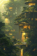 Naklejka premium Sleek glass buildings harmonizing with greenery in a vibrant solarpunk city