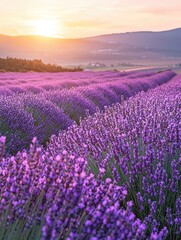 Fototapeta premium A scenic sunset illuminates a vast field of purple lavender