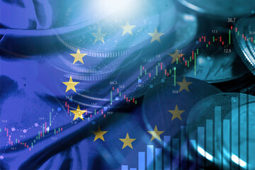 Double exposure of European Union flag and coins with stock market chart for Euro economy...
