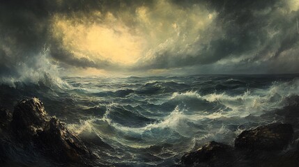 Fototapeta premium Dramatic Ocean Waves Under a Stormy Sky at Sunset