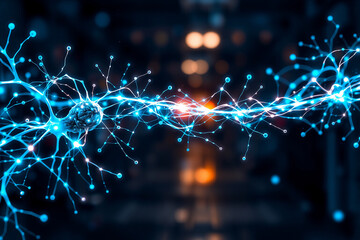 Image shows a glowing blue network of interconnected lines and nodes, resembling neurons or electrical pathways. Abstract representation against a dark, blurred background.