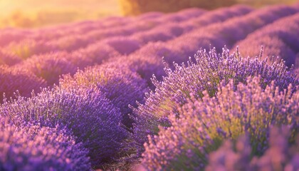 Obraz premium Rows of blooming lavender flowers bathed in soft and warm sunlight