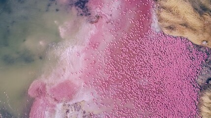 Fototapeta premium Aerial view revealing a vast flamboyance of flamingos in a shallow lagoon