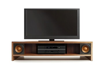 Fototapeta premium Television on stand with sound system. Living room entertainment center display