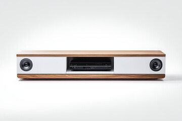 Fototapeta premium Minimalist TV unit with audio system featuring wooden accents in a studio setting