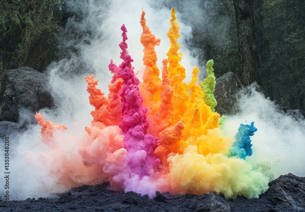 Aufkleber vibrant explosion of colorful smoke against a mysterious forest background creating an artistic and 