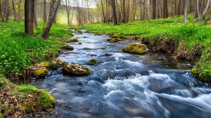 Obraz premium A steady stream of water flowing through a river, symbolizing the steady and continuous growth of long-term investments, with copy space.