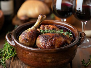 A delicious roasted duck dish served in a rustic clay pot, with red wine glasses in the background