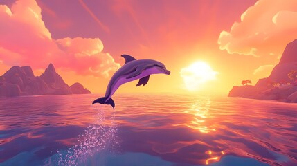 Dolphin Leaping Over Sunset Ocean in Dreamy Pastel Sky