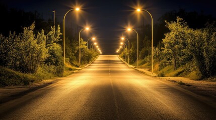 A street illuminated by glowing lamps, with long shadows cast on an empty road, and space for text above.