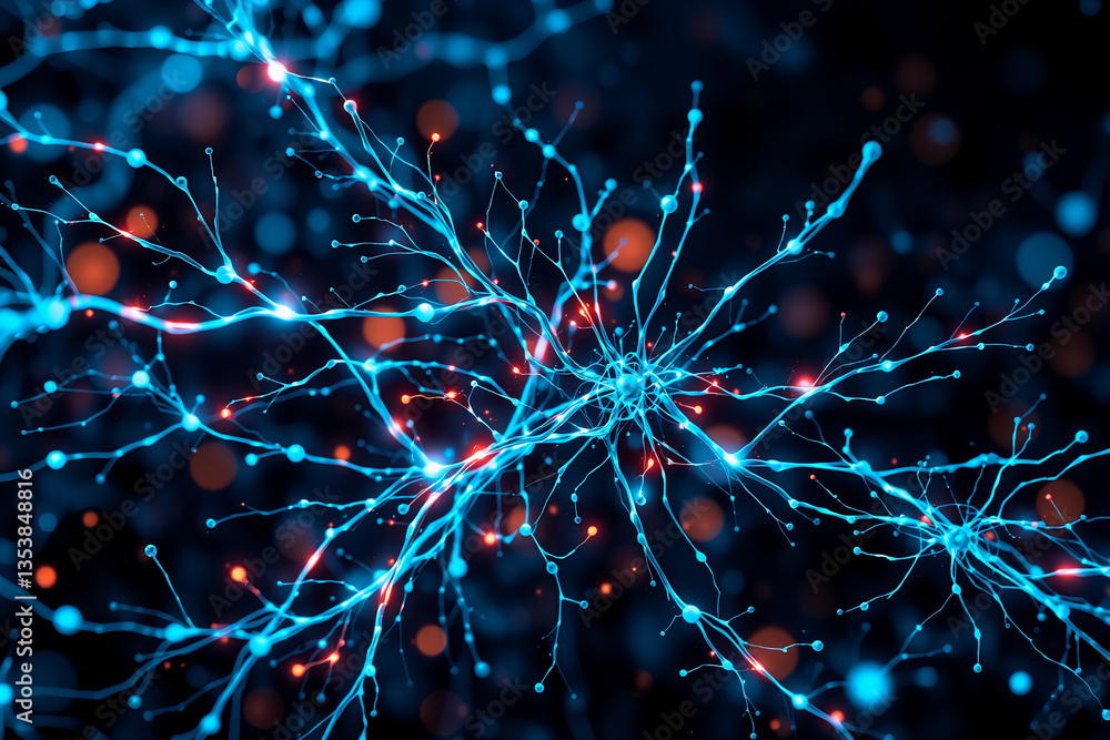 Aufkleber abstract blue network of glowing lines and orange points on a dark backdrop. it evokes neural connec