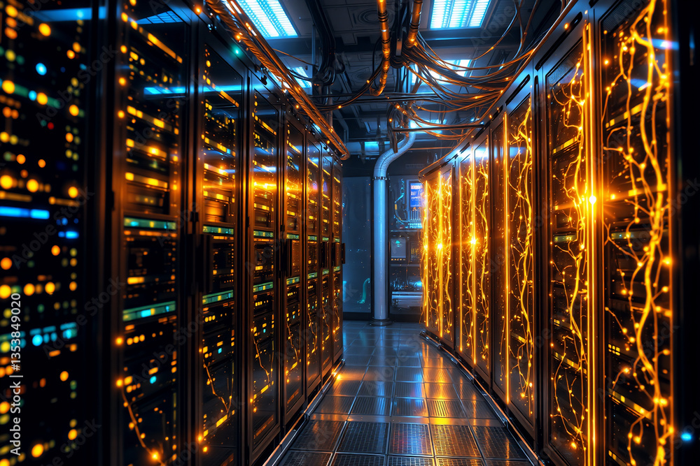 Poster a futuristic server room illuminated with vibrant orange and blue lights. rows of servers and intric
