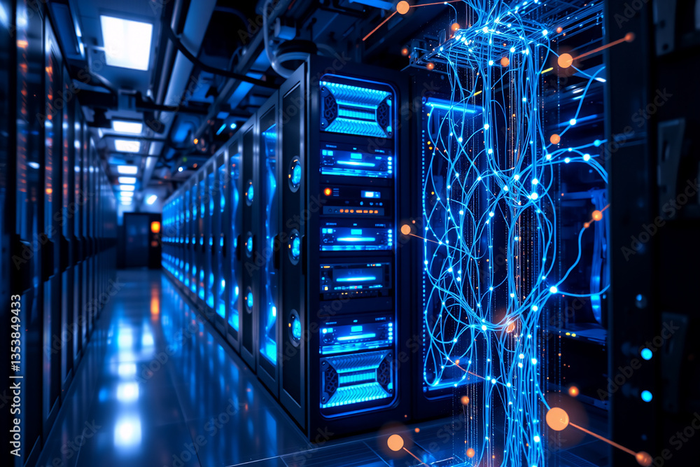 Poster futuristic server room illuminated by blue lights, showcasing rows of data storage servers and compl