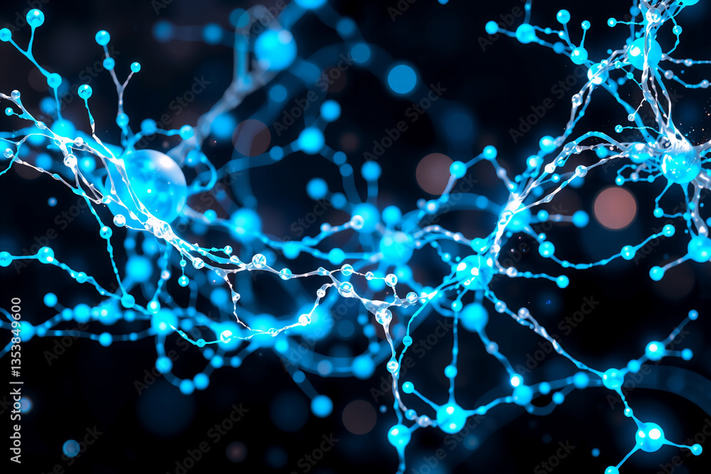 Poster abstract blue network with glowing nodes interconnected by bright lines against a dark background. i