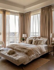 Fototapeta premium A luxurious yet simple retreat with a four-poster cocoa-toned bed, soft cream curtains