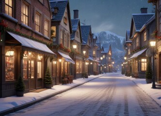 Fototapeta premium Christmas village scene with shops and snow-covered streets, window, decoration