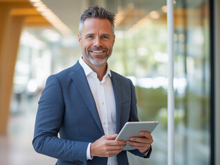 Fototapeta premium Professional businessman using a tablet indoors with a peaceful outdoor view