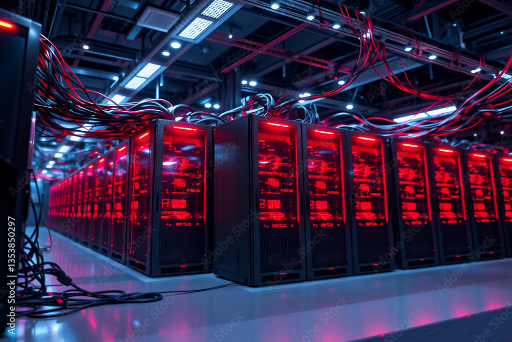 Poster a server room filled with rows of computer servers glows with red lights, highlighting the technolog