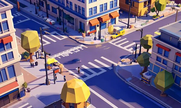 City intersection with pedestrians and shops