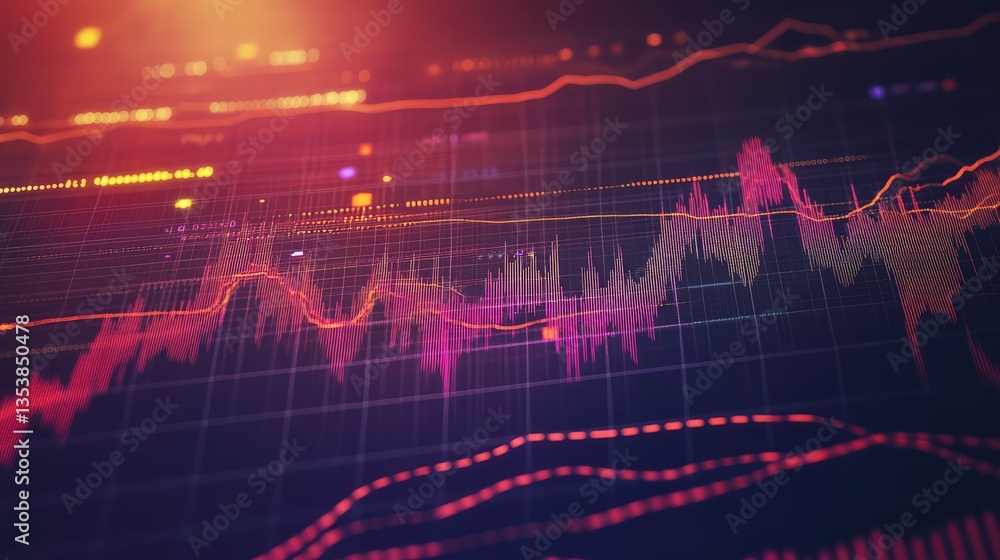 Poster a technical stock trading chart with fibonacci retracement levels and moving averages, investment st