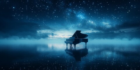 Surreal Serenade, A Grand Piano Under the Starry Sky on Tranquil Water