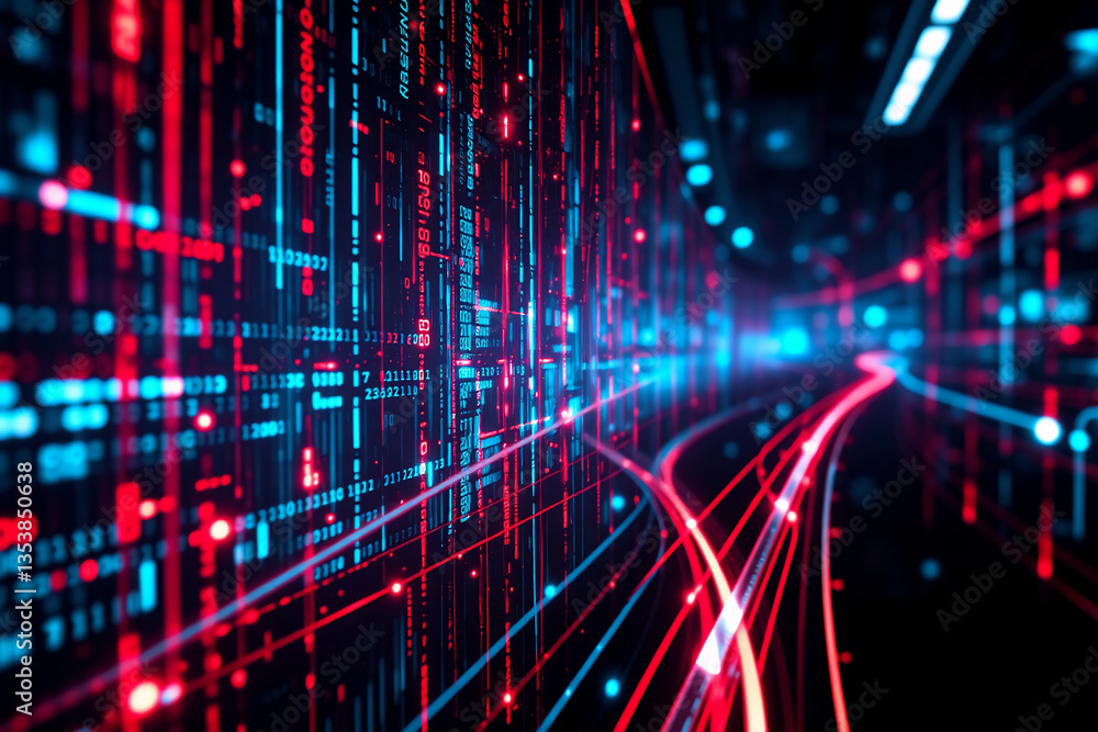 Poster abstract red and blue digital lights flow in a dark futuristic space. lines of light create a networ