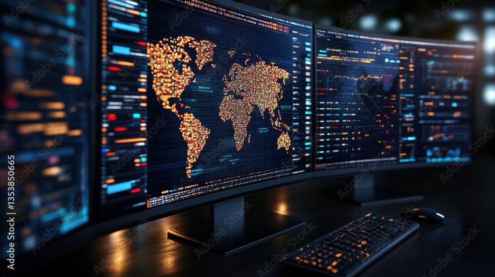 Poster three curved monitors displaying global network map data streams for advanced analysis in a futurist