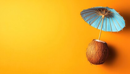 Tropical Beach Concept Coconut Sun Umbrella Summer Pastel Orange Copy Space