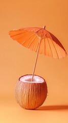 Tropical Beach Concept Coconut Sun Umbrella Summer Pastel Orange Copy Space