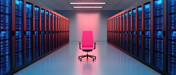 Modern Data Center Interior with Pink Chair and Server Racks