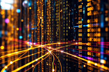 Abstract digital art featuring vibrant golden lines streaking across a dark backdrop resembling data streams. Binary patterns and light trails suggest technology and information flow.
