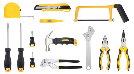 set yellow and black tools isolated on a white background. Industrial tools.