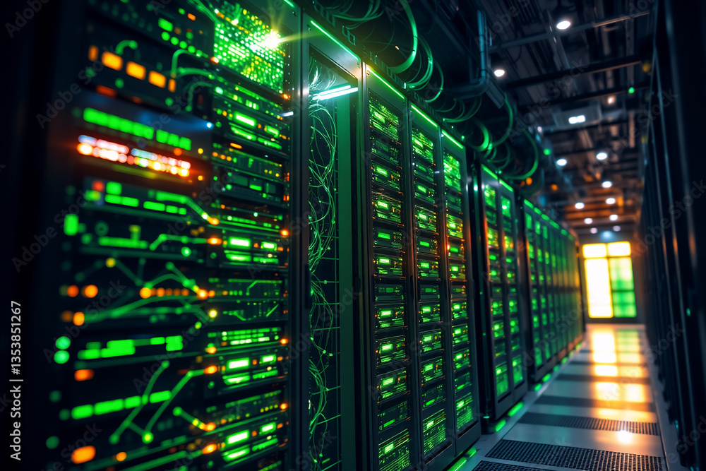 Poster green server room with glowing lights shows rows of computer racks. data center illuminated in brigh