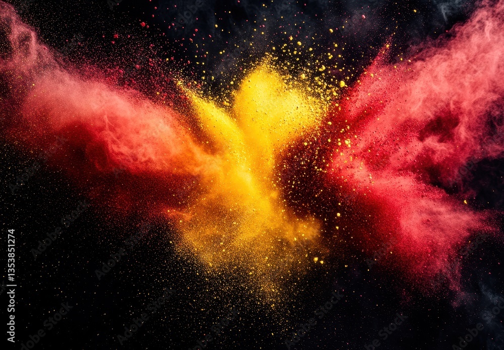 Aufkleber vibrant explosion of red and yellow powder on a dark background creating a dynamic artistic effect w