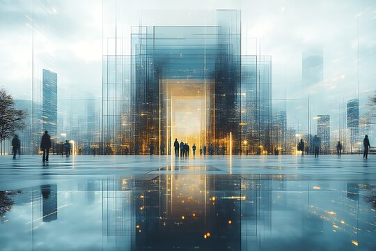 Futuristic city gate, people walking, urban dawn, reflection, future concept