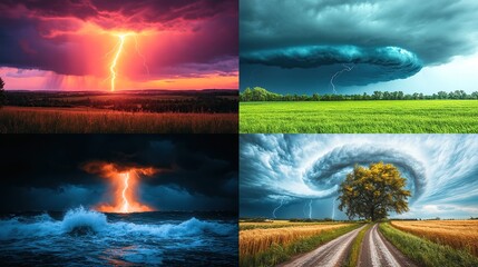 Dramatic lightning storm collage land, sea, and sky.