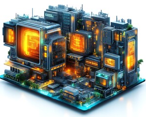 Futuristic city chip; data center; digital landscape; server farm; technology illustration