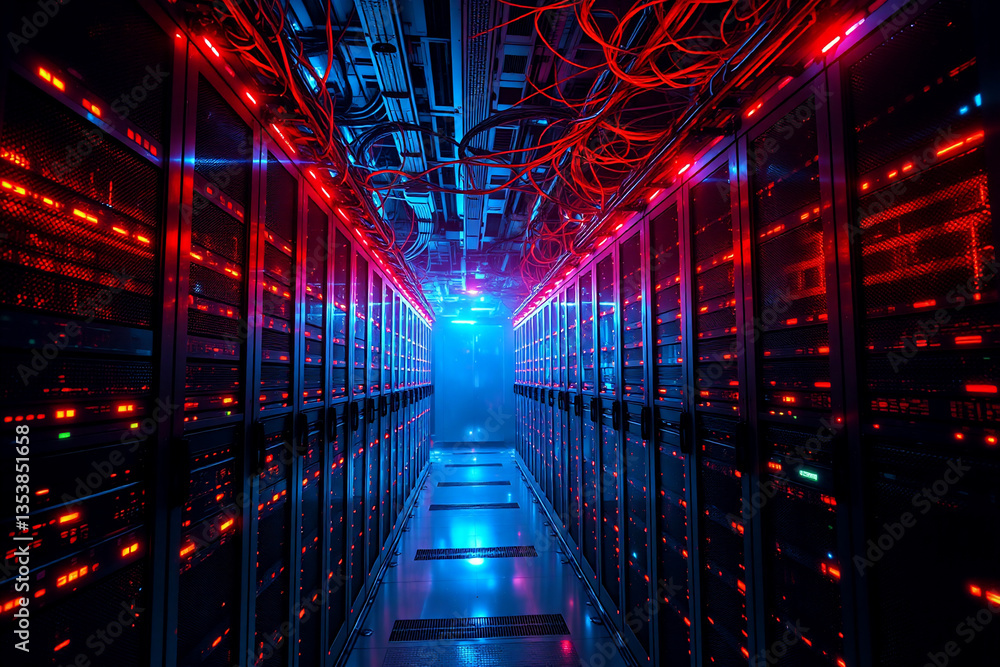 Poster illuminated server room with glowing red and blue lights creates a digital atmosphere. a corridor of