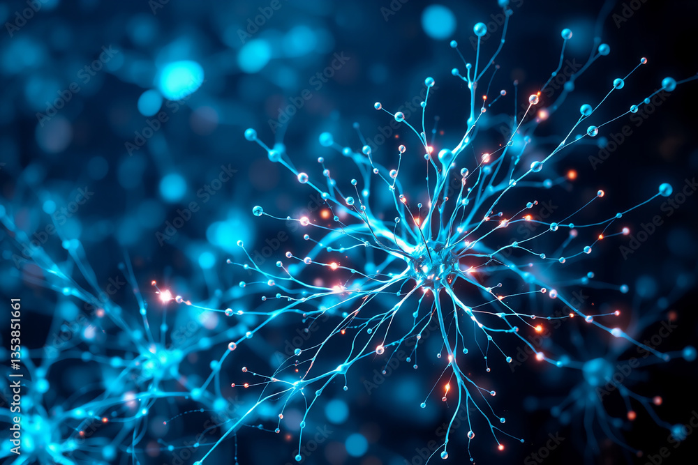Poster abstract representation of a luminous blue network with bright nodes and branching connections. sugg