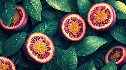 Halved passion fruits amidst lush green foliage.