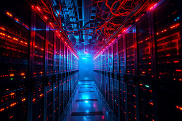 Illuminated server room with glowing red and blue lights creates a digital atmosphere. A corridor of technological hardware and computing infrastructure.