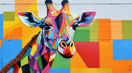 A colorful mural on a brick wall depicts a vibrant, geometric giraffe.