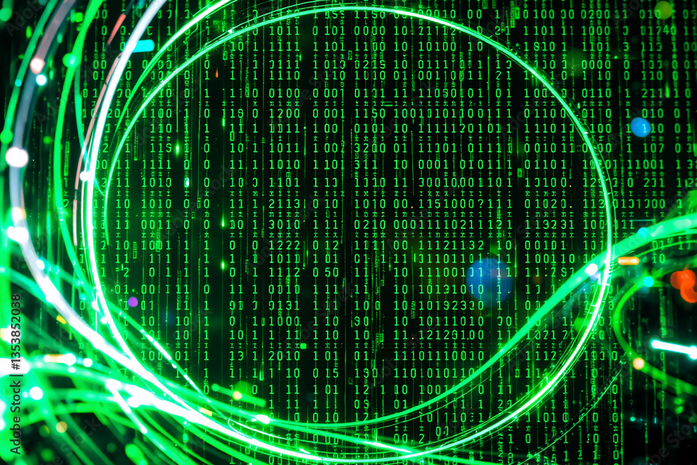 Poster green binary code matrix backdrop with a bright green circle and flowing light streaks. abstract dig