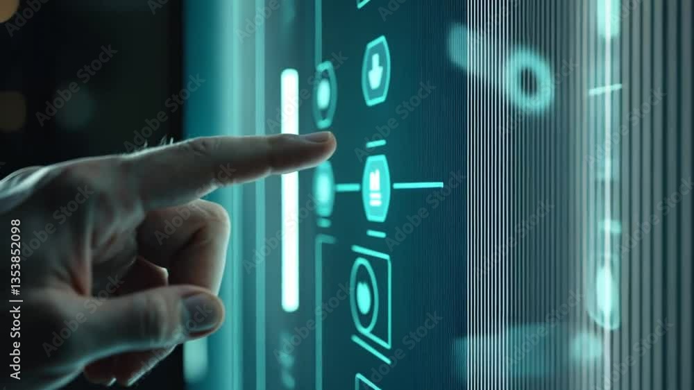 Poster businessman interacts with virtual media interface in office setting generative ai