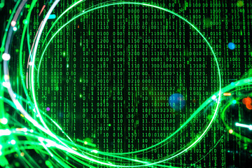 Green binary code matrix backdrop with a bright green circle and flowing light streaks.  Abstract digital technology and futuristic cyberspace concept.